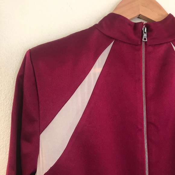 ALICE + OLIVIA Charita Satin Mesh Mock Neck Long Sleeve Gown in Bordeaux Red - Picture 6 of 7